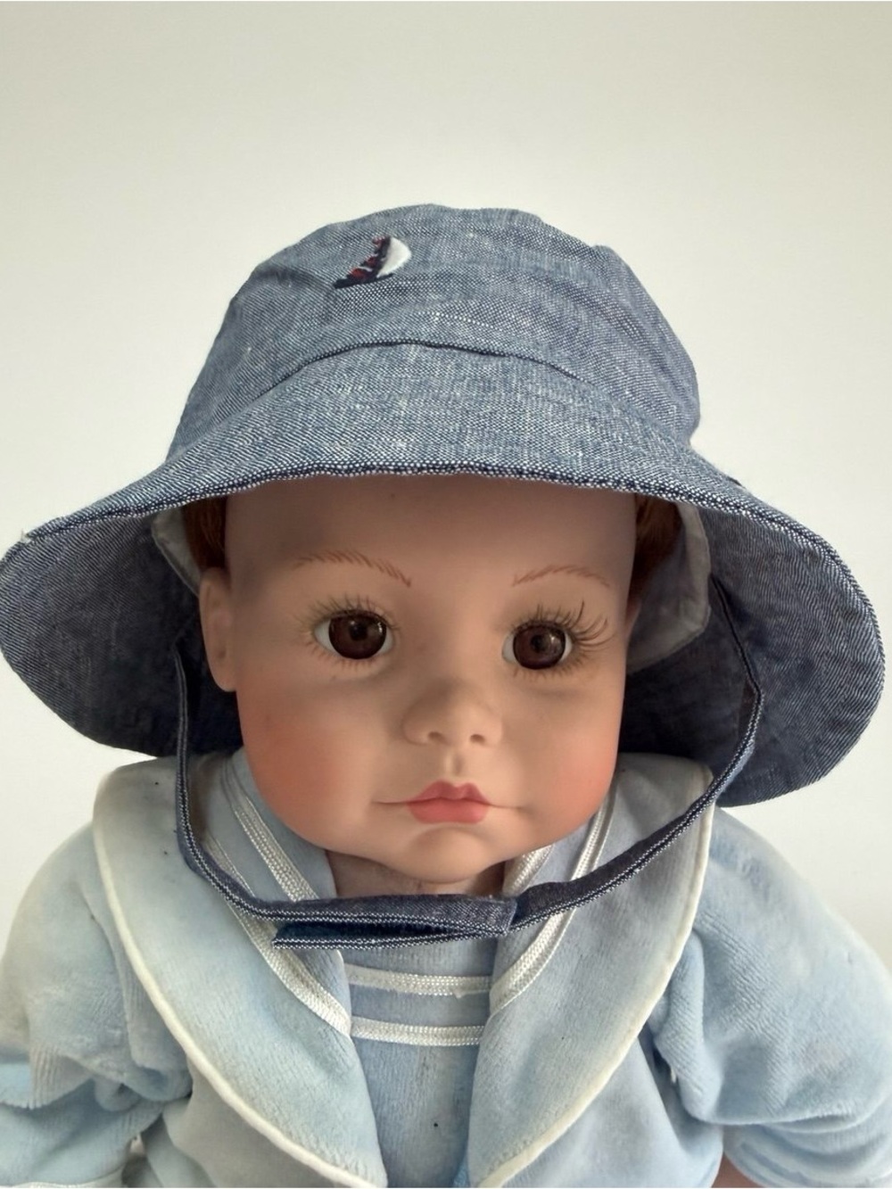 Janie - Jack Chambray Baby Bucket Hat Embroidered Sails Ships 6-12mo New